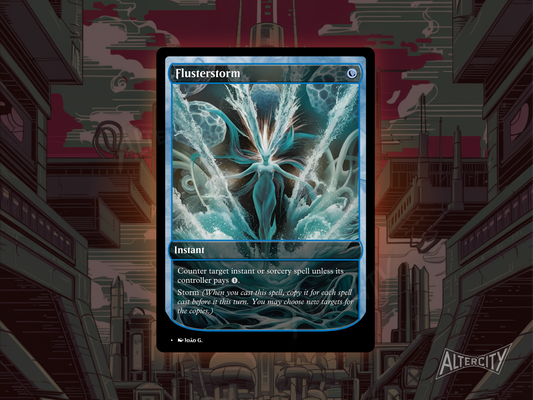 Custom Flusterstorm MTG proxy with lightning-infused full-art design for counterspell control.