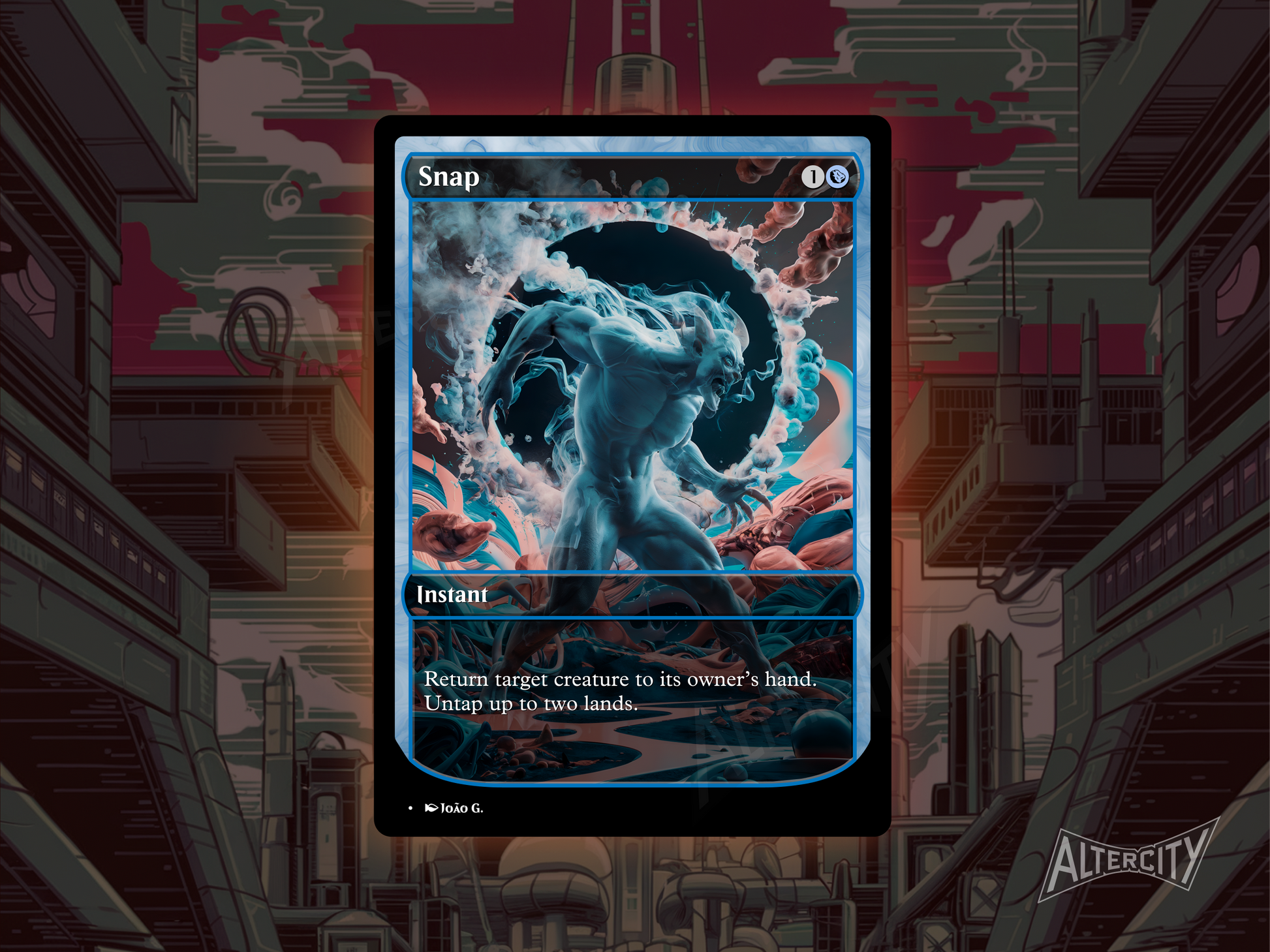 Custom Snap MTG proxy with dynamic, action-themed altered artwork.