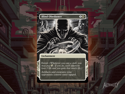 Custom Blind Obedience MTG proxy with dark, gothic altered artwork.