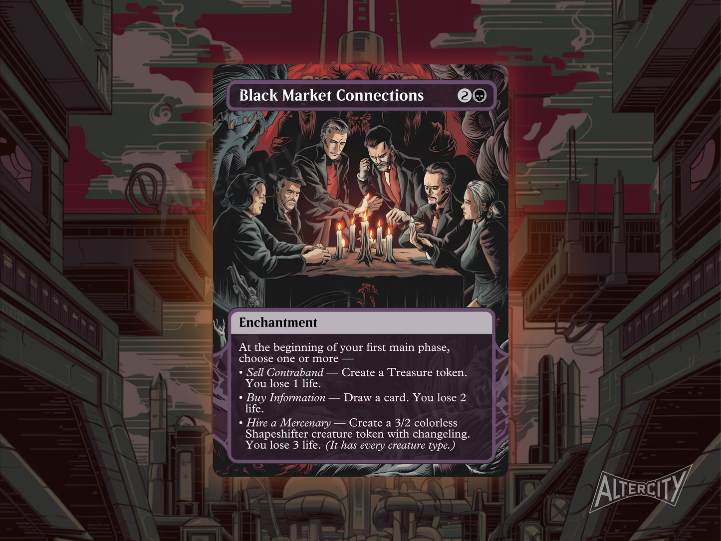 Custom Black Market Connections MTG proxy with dark, shadowy altered artwork.
