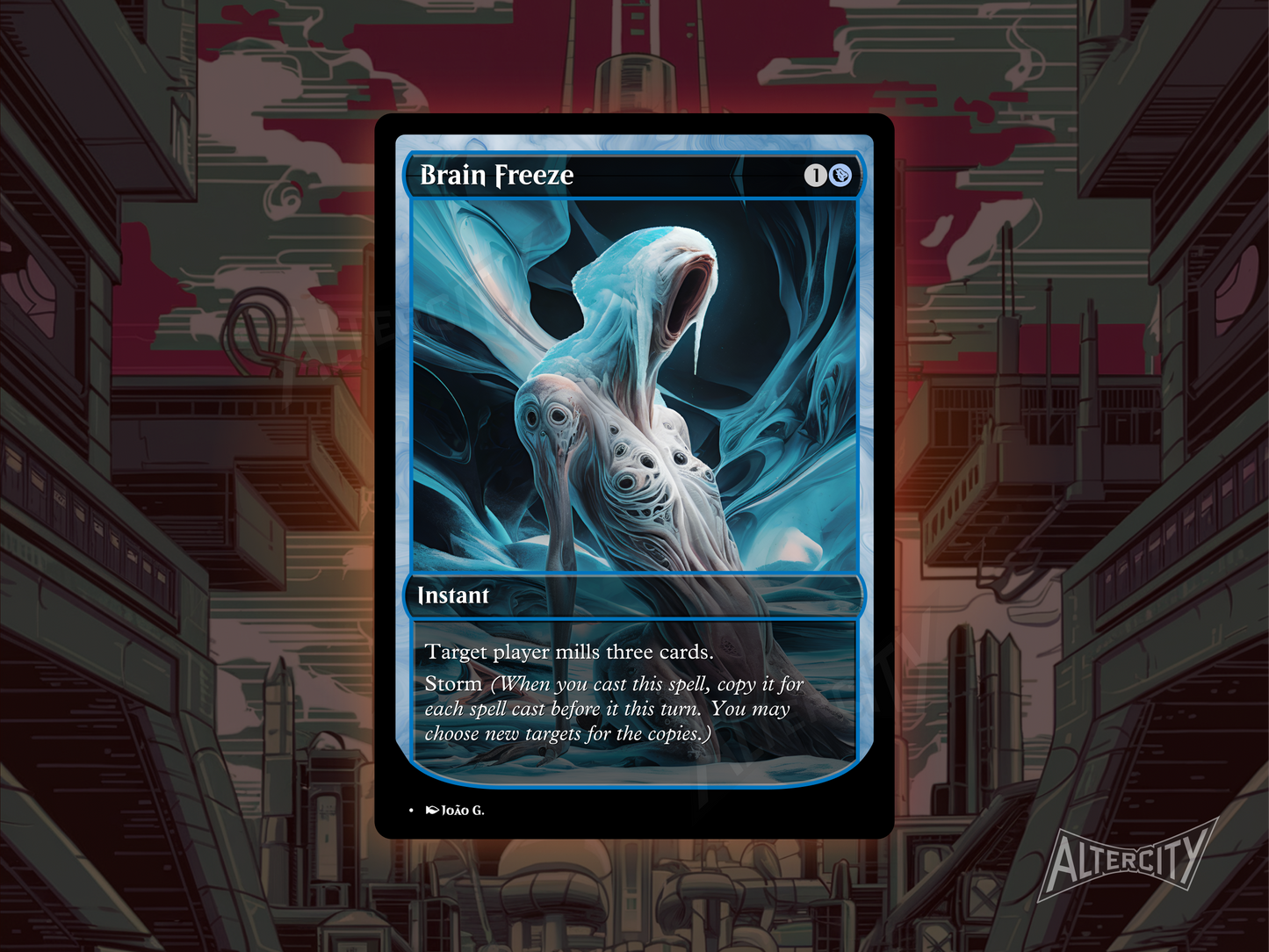 Custom Brain Freeze MTG proxy with frosty, spell-casting altered artwork.
