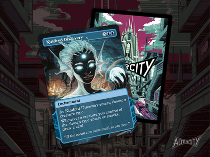 Premium MTG proxy of Kindred Discovery featuring vibrant altered artwork for casual formats.