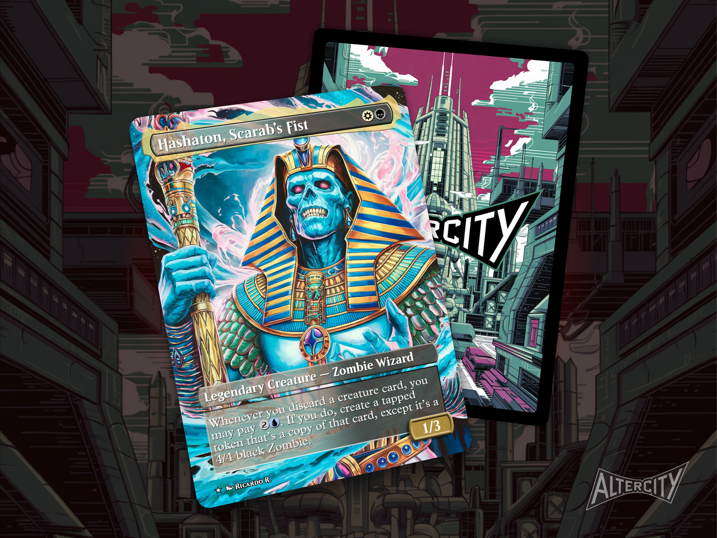 Premium MTG proxy of Hashaton, featuring scarab-inspired artwork and legendary card feel.