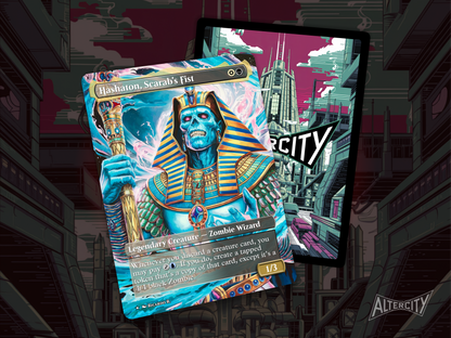 Premium MTG proxy of Hashaton, featuring scarab-inspired artwork and legendary card feel.