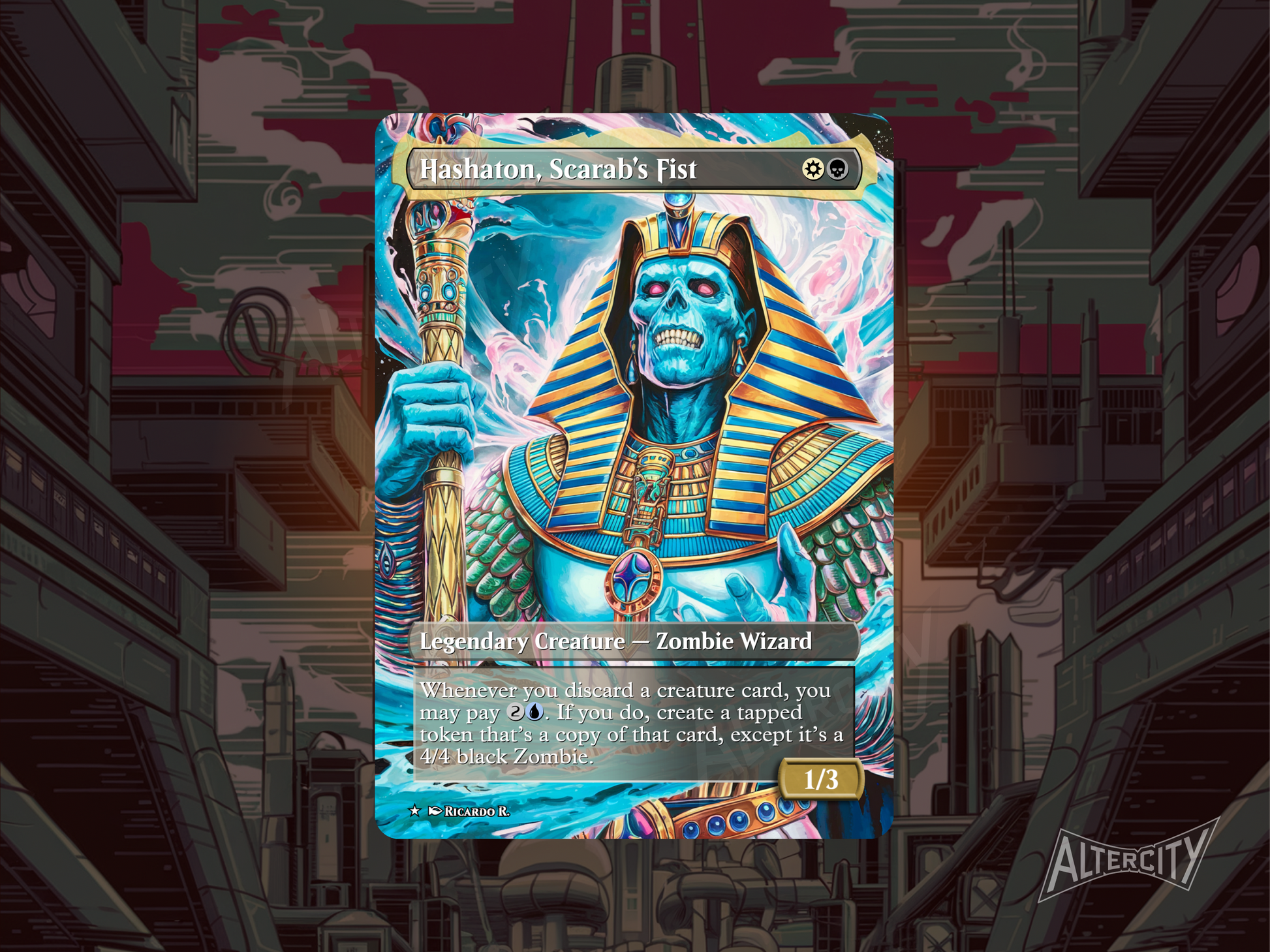 Custom Hashaton, Scarab’s Fist Magic proxy card with thematic full-art design for casual play.