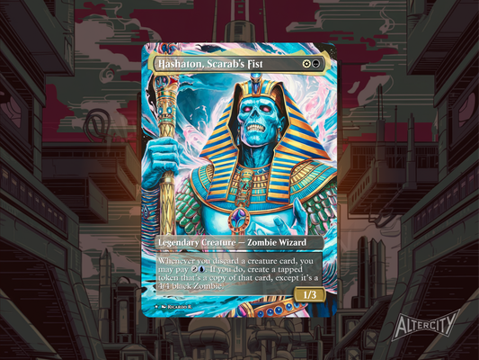 Custom Hashaton, Scarab’s Fist Magic proxy card with thematic full-art design for casual play.