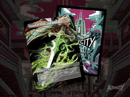 High-quality custom MTG proxy of Sword of Feast and Famine with unique full-art design.