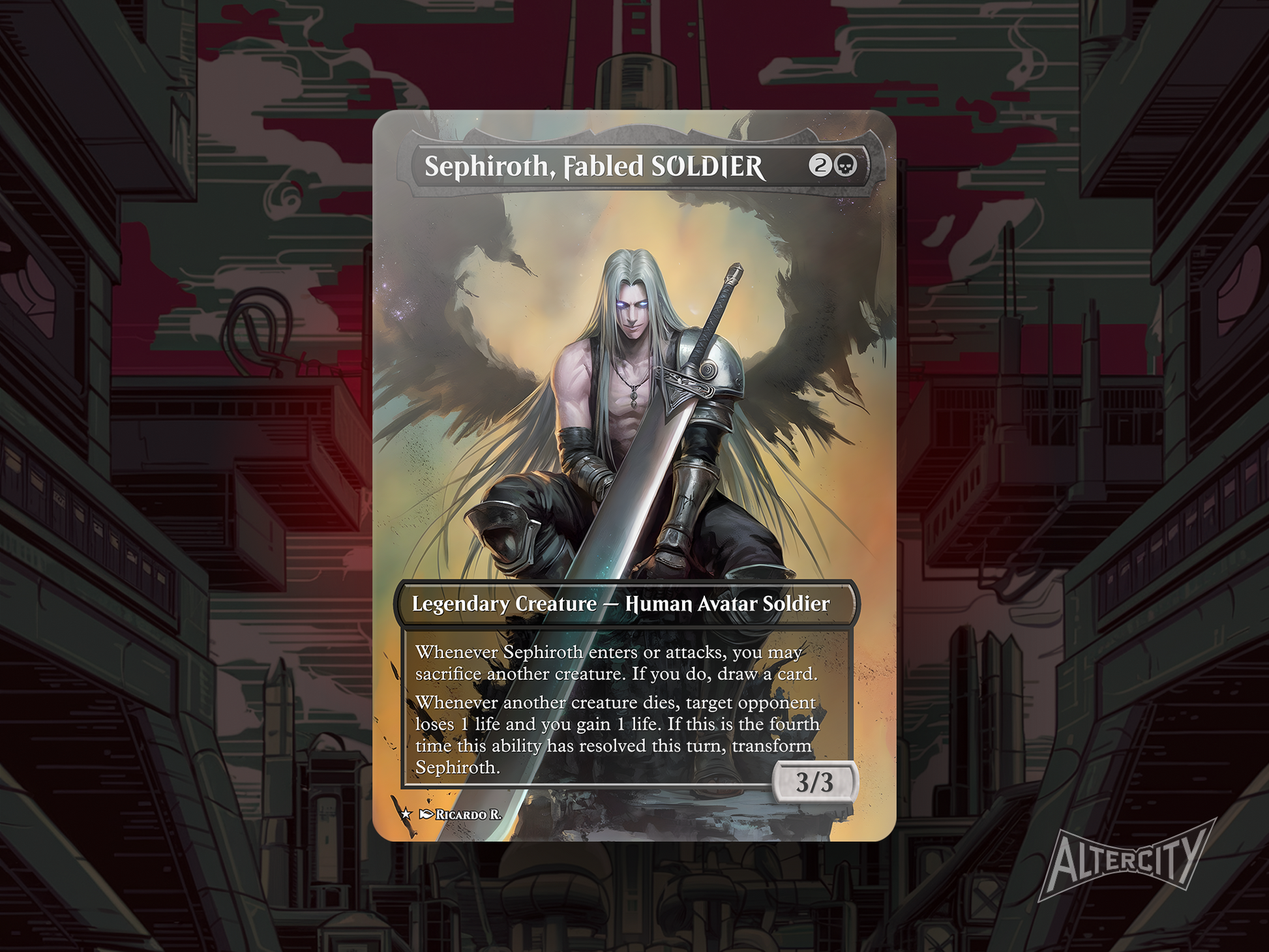Custom Sephiroth MTG proxy with dramatic black legendary creature artwork from Final Fantasy.