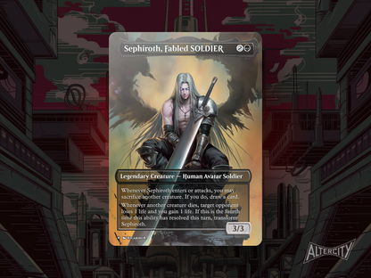 Custom Sephiroth MTG proxy with dramatic black legendary creature artwork from Final Fantasy.