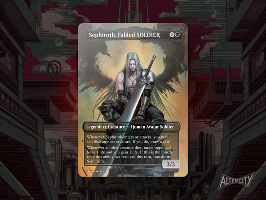 Custom Sephiroth MTG proxy with dramatic black legendary creature artwork from Final Fantasy.