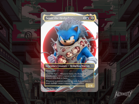 Custom Sonic the Hedgehog MTG proxy with vibrant, speed-themed artwork from Secret Lair.