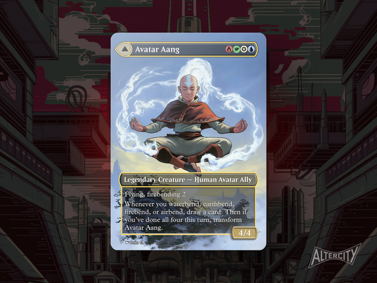 Custom Avatar Aang MTG proxy with elemental-themed artwork and fantasy crossover design.