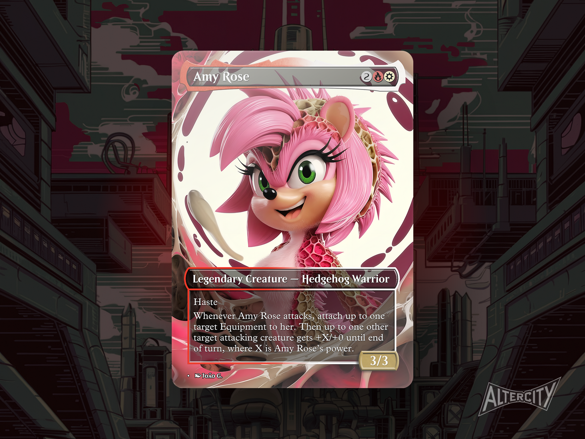 Custom Amy Rose MTG proxy with bold, pink-themed Sonic Secret Lair artwork.