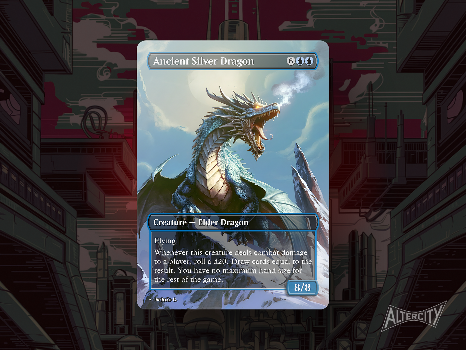 Ancient Silver Dragon proxy with majestic altered art of a powerful blue dragon flying through stormy skies.
