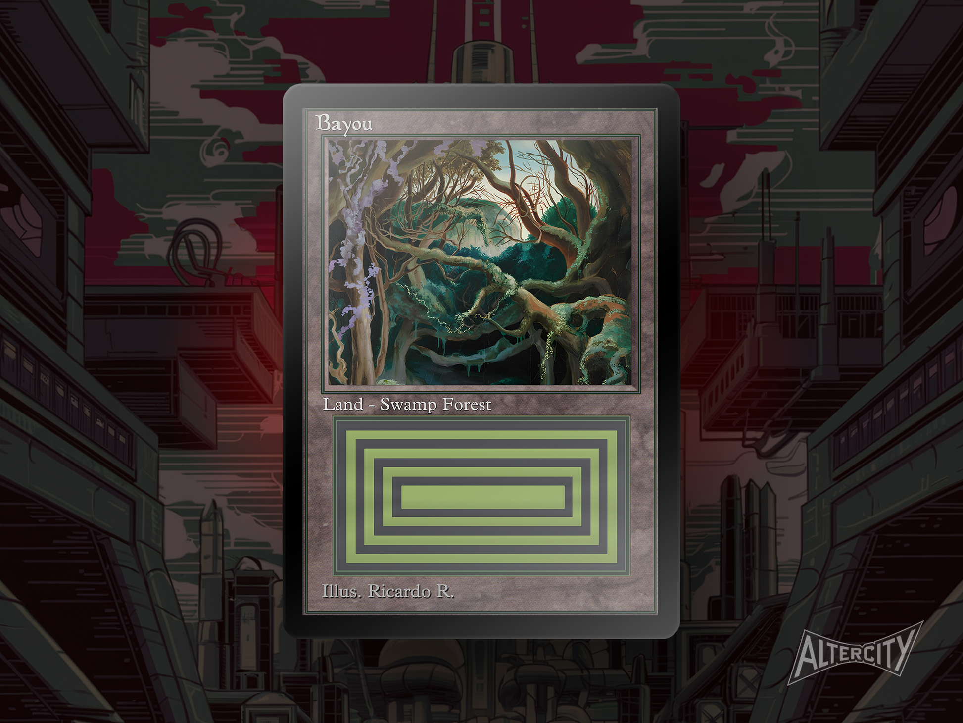Custom Bayou MTG proxy with dark, swamp-forest themed altered artwork.