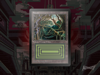 Custom Bayou MTG proxy with dark, swamp-forest themed altered artwork.