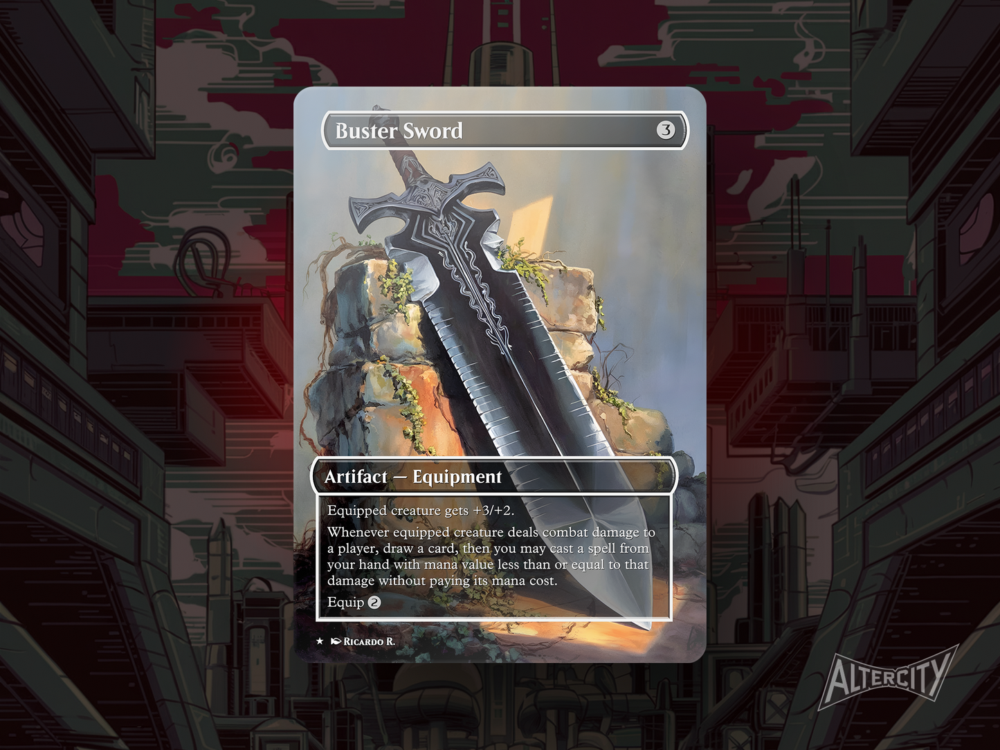 Custom Buster Sword MTG proxy featuring legendary Final Fantasy-inspired equipment art.