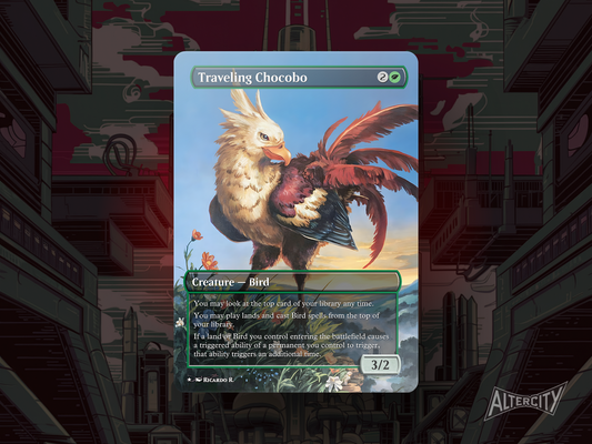 Custom Traveling Chocobo MTG proxy with vibrant green bird art and fantasy flair.