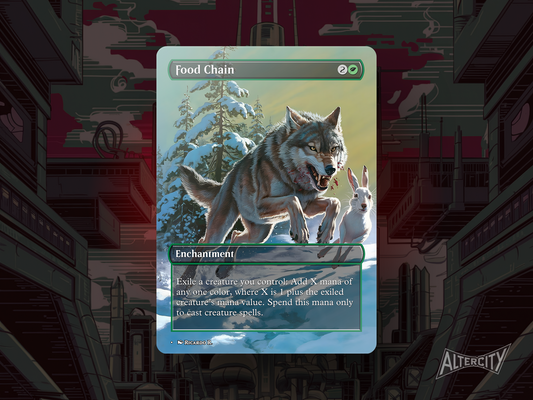 Custom Food Chain MTG proxy with vibrant altered art for infinite mana combos.
