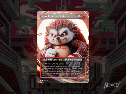 Custom Knuckles MTG proxy with red, power-themed Sonic Secret Lair artwork.