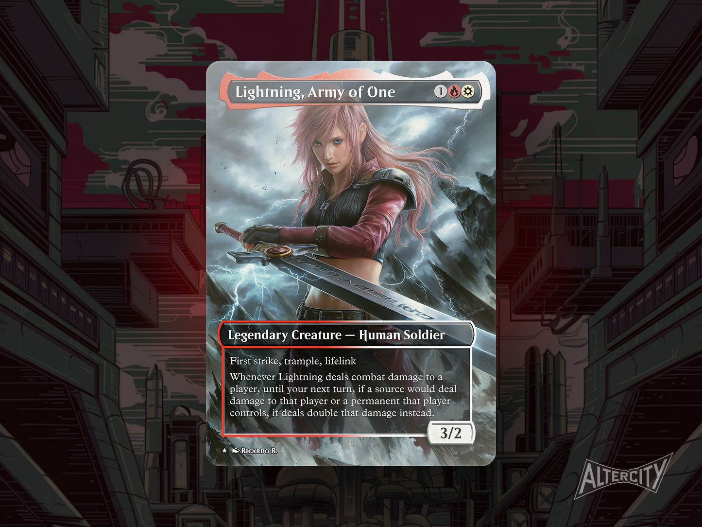 Custom Lightning MTG proxy with red and white art inspired by her Final Fantasy persona.