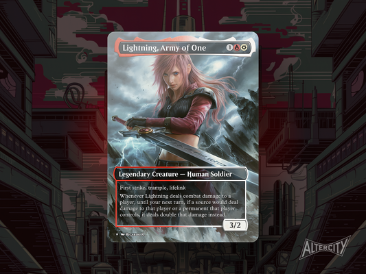 Custom Lightning MTG proxy with red and white art inspired by her Final Fantasy persona.