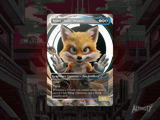 Custom Tails MTG proxy with vibrant flying-themed Sonic Secret Lair artwork.