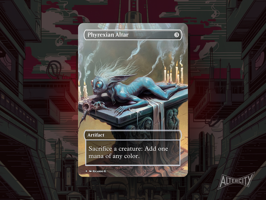 Phyrexian Altar proxy with dark altered art of a twisted sacrificial altar glowing with corrupted energy.