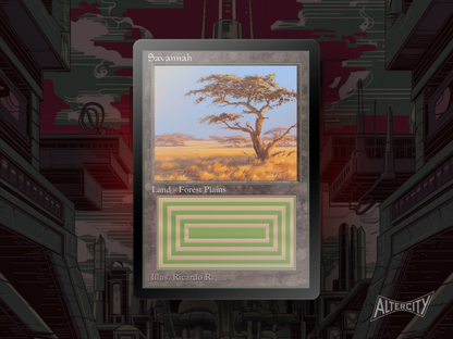 Custom Savannah MTG proxy with sunlit grassland and white-green dual land artwork.