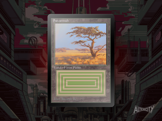 Custom Savannah MTG proxy with sunlit grassland and white-green dual land artwork.