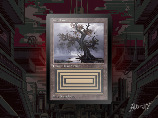 Scrubland proxy in original frame with vintage altered art of dry plains blending into rocky, shadowy ground.