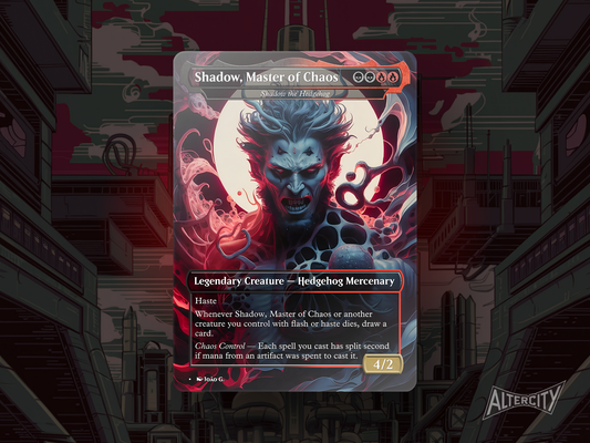 Fantasy-styled MTG proxy of Shadow the Hedgehog with dark, magical warrior aesthetics.
