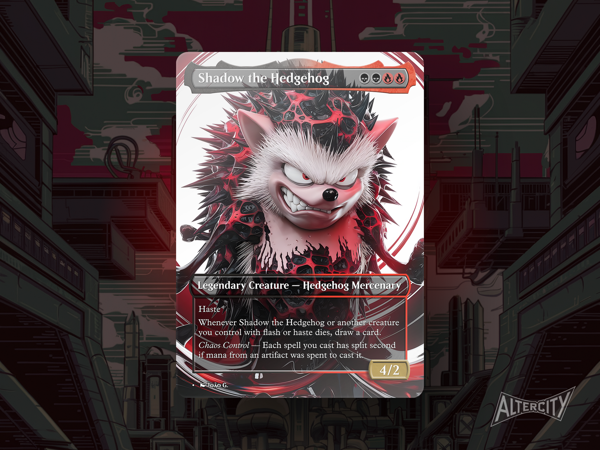 Custom Shadow the Hedgehog MTG proxy with dark, chaos-fueled Sonic Secret Lair artwork.