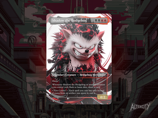 Custom Shadow the Hedgehog MTG proxy with dark, chaos-fueled Sonic Secret Lair artwork.