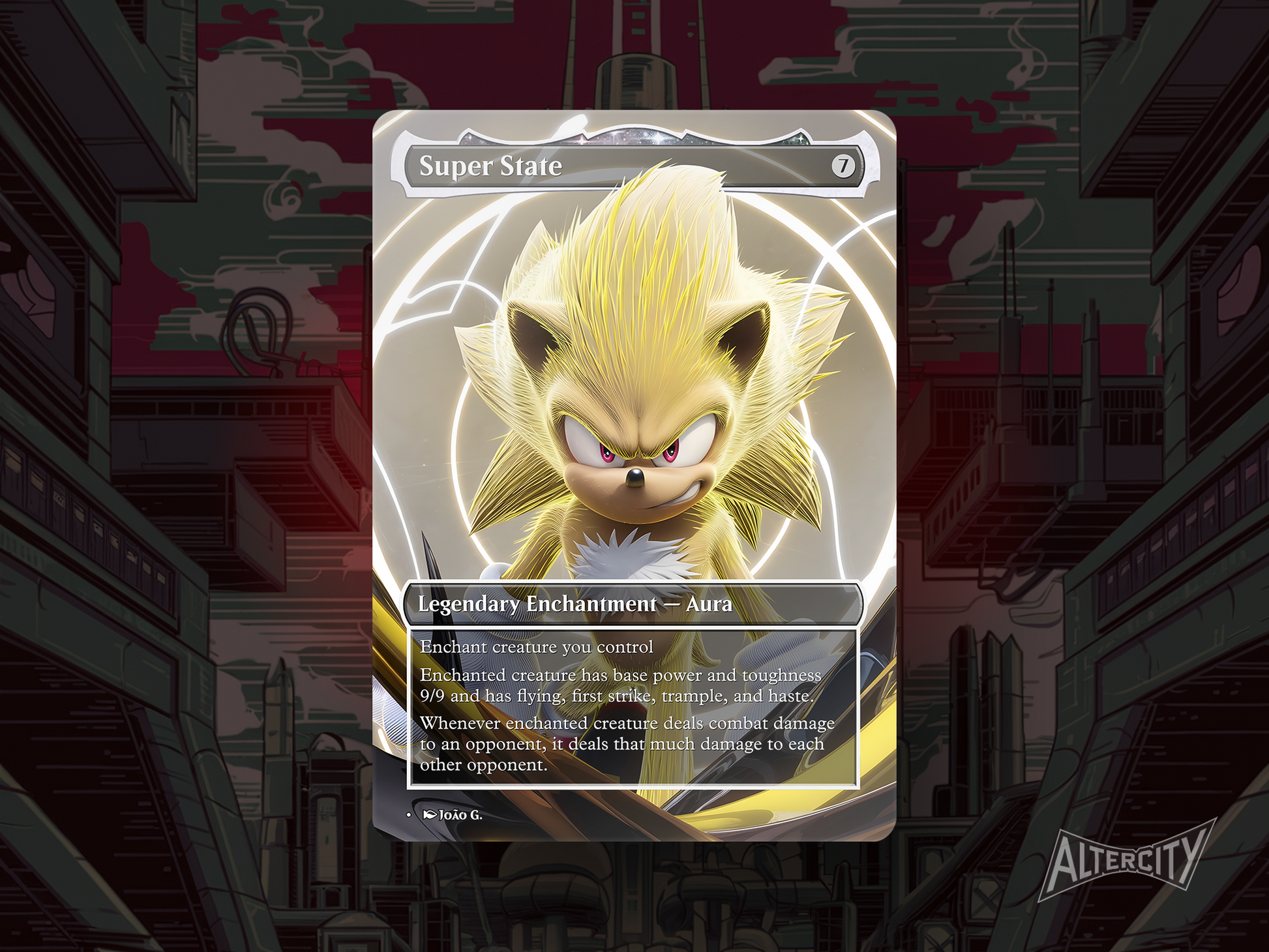 Custom Super State MTG proxy with glowing, transformation-themed Sonic Secret Lair artwork.