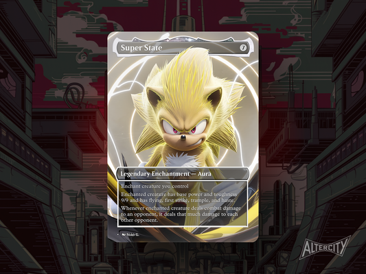 Custom Super State MTG proxy with glowing, transformation-themed Sonic Secret Lair artwork.