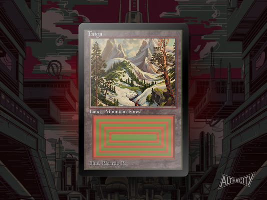 Taiga proxy in original frame with vintage altered art of snow-dusted forest merging into rugged mountain terrain.