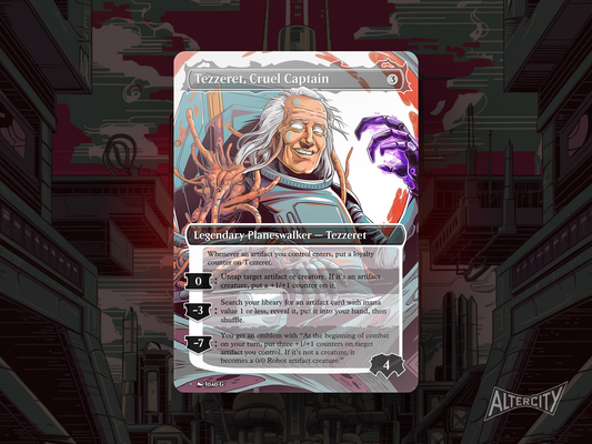 Custom Tezzeret MTG planeswalker proxy with futuristic, artifact-themed colorless artwork.