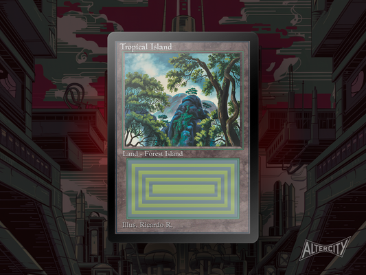 Tropical Island proxy in original frame with vintage altered art of a lush island surrounded by turquoise waters.