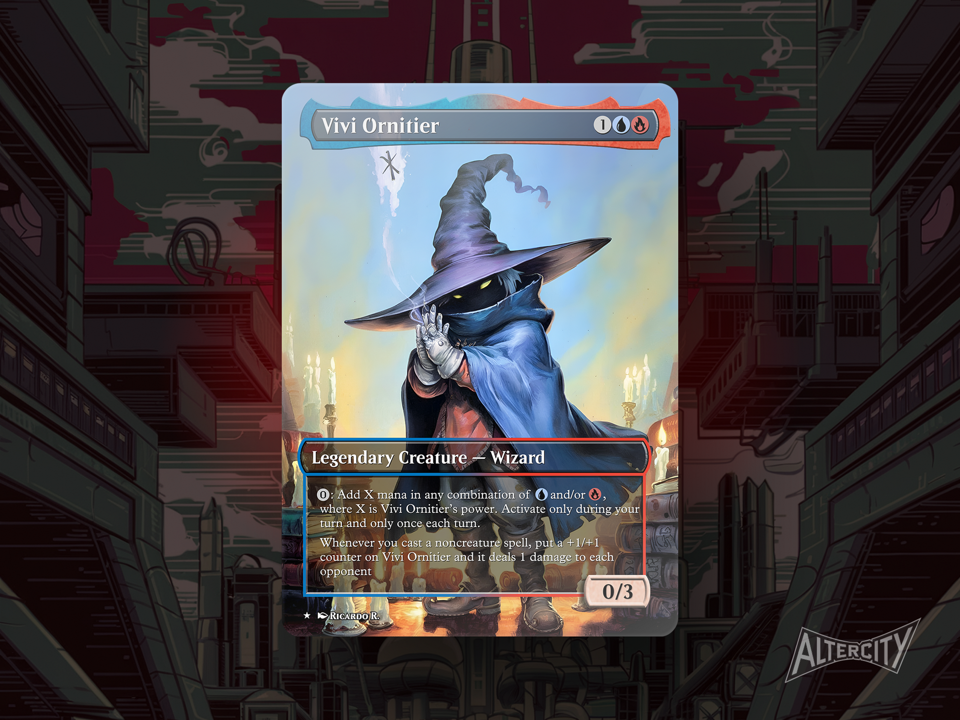 Custom Vivi Ornitier MTG proxy featuring vibrant red and blue mage artwork.