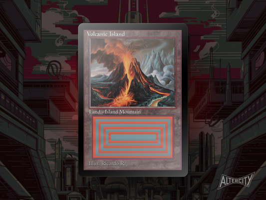 Volcanic Island proxy in original frame with vintage altered art of an erupting volcanic shore.